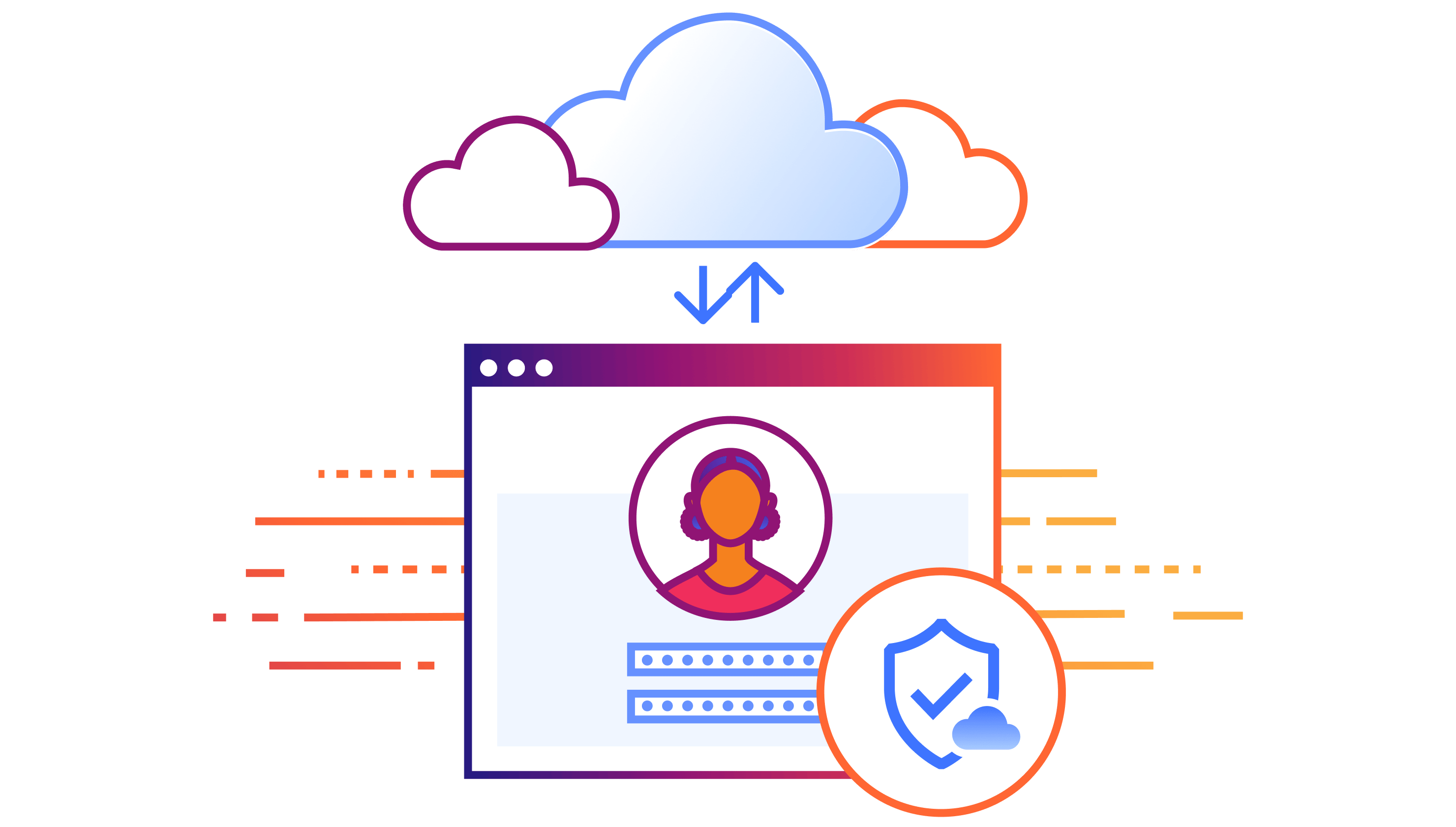 Secure SaaS Illustration showing a protected computer screen interacting with the cloud